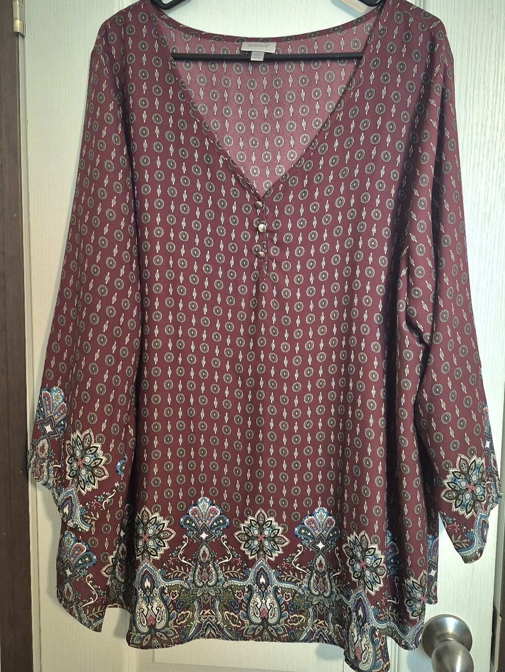 Avenue Burgundy Paisley-Trim V-Neck Tunic